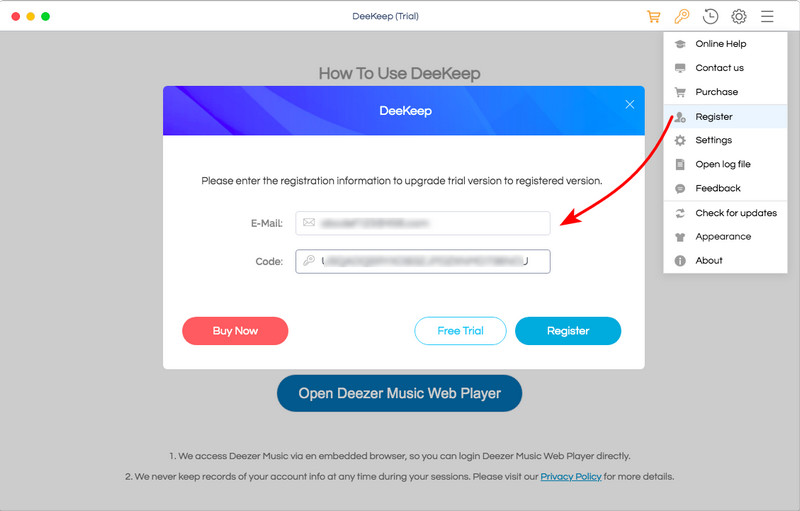 Register DeeKeep Deezer Music Converter Mac