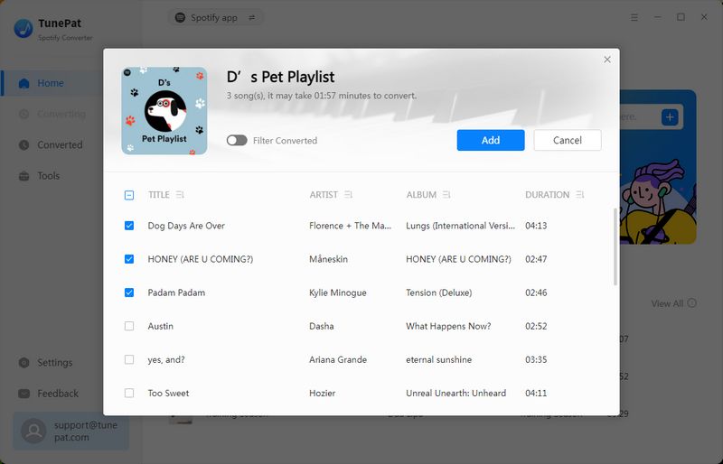 select songs from spotify pet playlist to convert